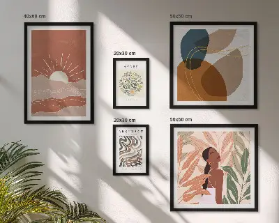 Set of 5 wall art pieces featuring boho style abstract plant motifs