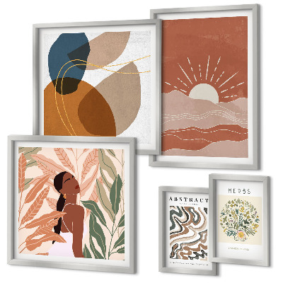 Set of 5 wall art pieces Boho style plant abstract motifs