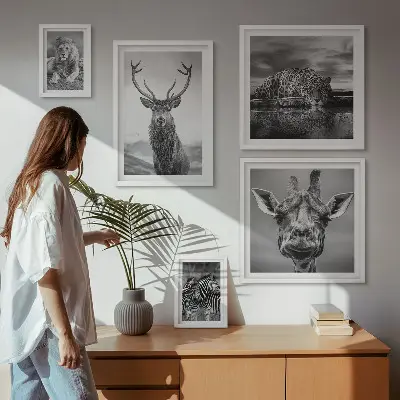 Framed photo set featuring black and white nature animals