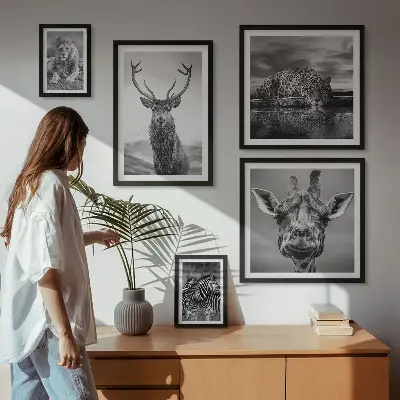 Framed photo set featuring black and white nature animals