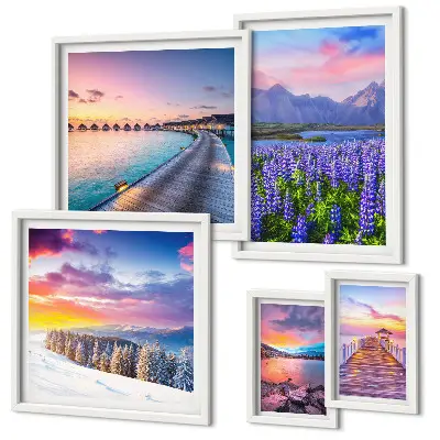 Framed landscape photo set with nature and mountain views