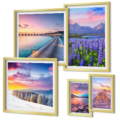 Framed landscape photo set with nature and mountain views