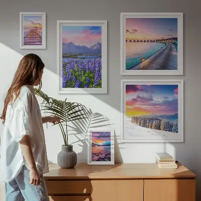Framed landscape photo set with nature and mountain views