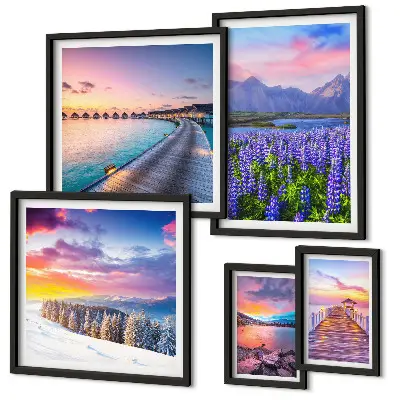 Framed landscape photo set with nature and mountain views