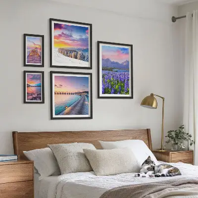 Framed landscape photo set with nature and mountain views