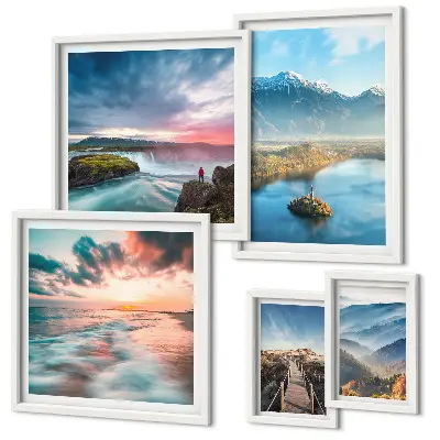 Set of 5 wall art pieces featuring mountain landscapes and waterfalls