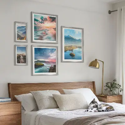 Set of 5 wall art pieces featuring mountain landscapes and waterfalls