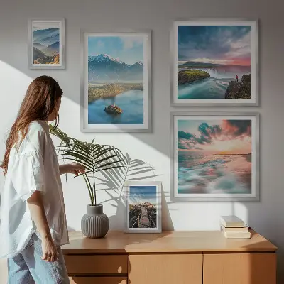 Set of 5 wall art pieces featuring mountain landscapes and waterfalls