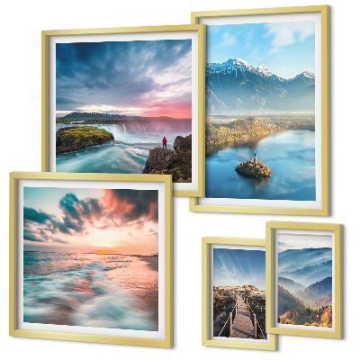 Set of 5 wall art pieces Mountain landscapes waterfalls