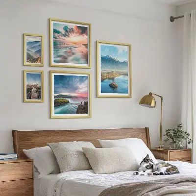 Set of 5 wall art pieces featuring mountain landscapes and waterfalls