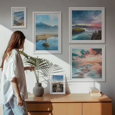 Set of 5 wall art pieces featuring mountain landscapes and waterfalls