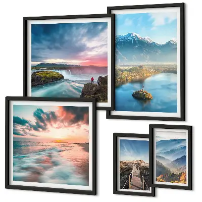 Set of 5 wall art pieces Mountain landscapes waterfalls