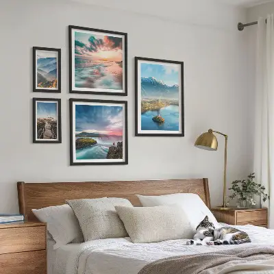 Set of 5 wall art pieces featuring mountain landscapes and waterfalls