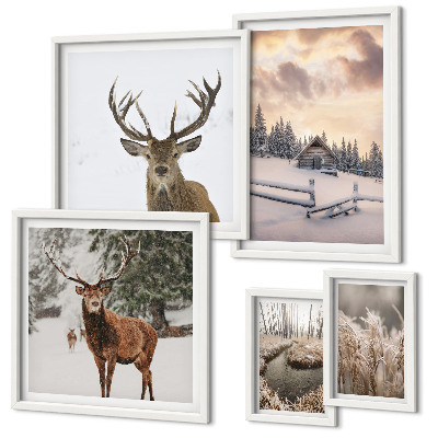 Set of 5 wall art pieces Winter landscapes with deer