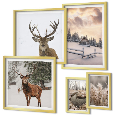Set of 5 wall art pieces Winter landscapes with deer