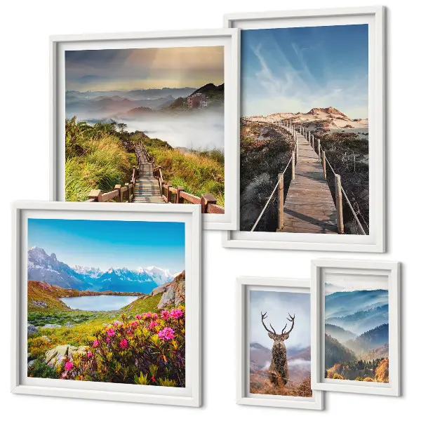 Framed photo set featuring landscapes of mountains and wild forests