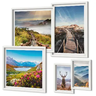 Framed photo set featuring landscapes of mountains and wild forests