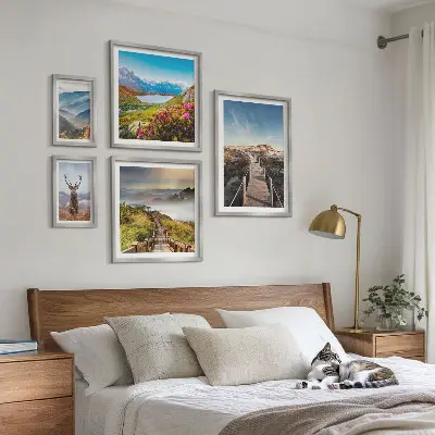 Framed photo set featuring landscapes of mountains and wild forests