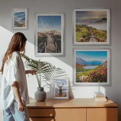 Framed photo set featuring landscapes of mountains and wild forests
