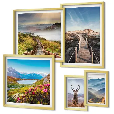 Framed photo set featuring landscapes of mountains and wild forests