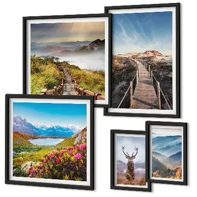 Framed photo set featuring landscapes of mountains and wild forests