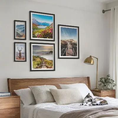 Framed photo set featuring landscapes of mountains and wild forests