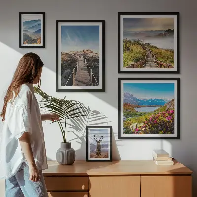Framed photo set featuring landscapes of mountains and wild forests