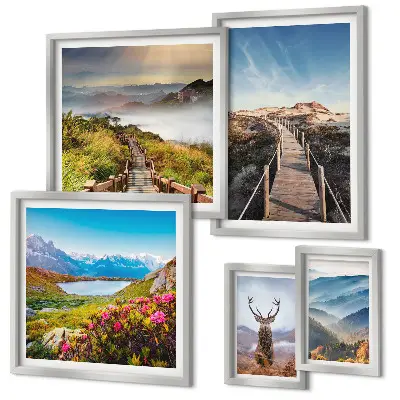 Framed photo set featuring landscapes of mountains and wild forests