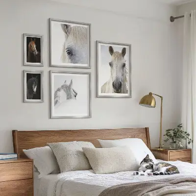 Horse portraits gallery wall in various artistic styles