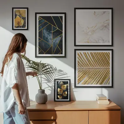 Gallery wall art set stylish leaves and geometric shapes