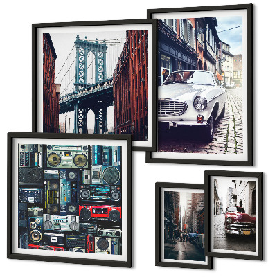 Framed photo set Stylish cars and street architecture