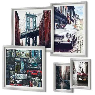 Framed photo set featuring stylish cars and street architecture