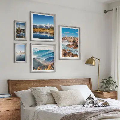 Set of 5 wall art pieces featuring natural mountains, sea, and lighthouses