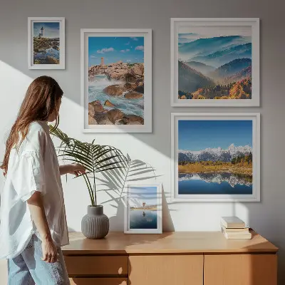 Set of 5 wall art pieces featuring natural mountains, sea, and lighthouses