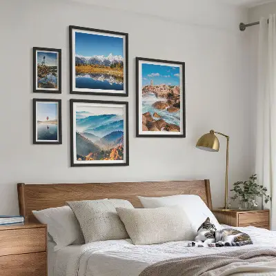 Set of 5 wall art pieces featuring natural mountains, sea, and lighthouses