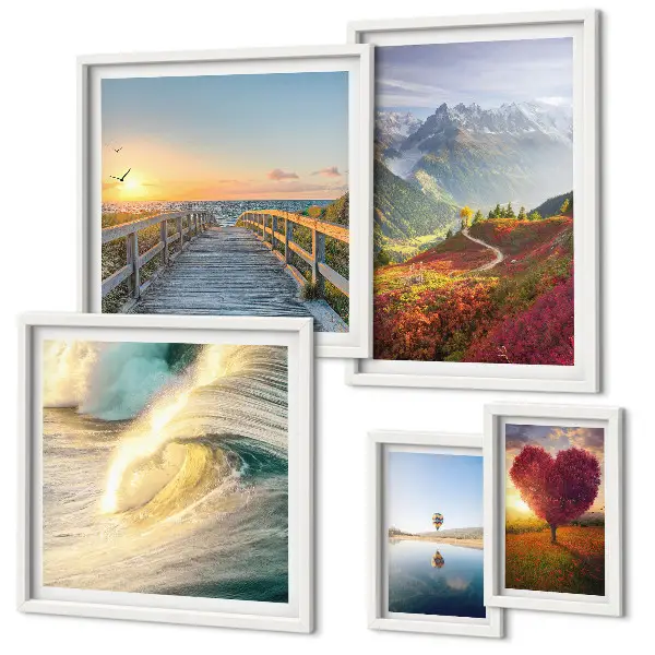 5-piece wall art set featuring landscape, mountain, heart, wave, and balloon designs