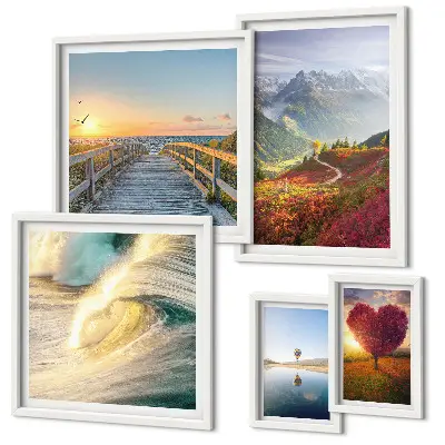5-piece wall art set featuring landscape, mountain, heart, wave, and balloon designs