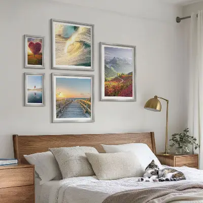 5-piece wall art set featuring landscape, mountain, heart, wave, and balloon designs