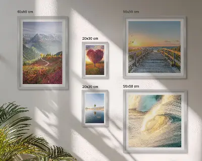 5-piece wall art set featuring landscape, mountain, heart, wave, and balloon designs