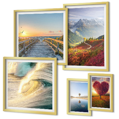 Set of 5 wall art pieces Landscapes mountains hearts waves balloons