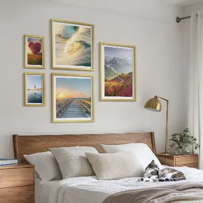 5-piece wall art set featuring landscape, mountain, heart, wave, and balloon designs
