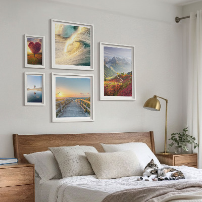 Set of 5 wall art pieces Landscapes mountains hearts waves balloons