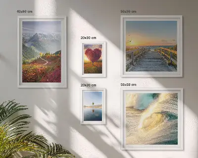 5-piece wall art set featuring landscape, mountain, heart, wave, and balloon designs