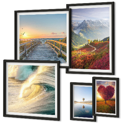 Set of 5 wall art pieces Landscapes mountains hearts waves balloons