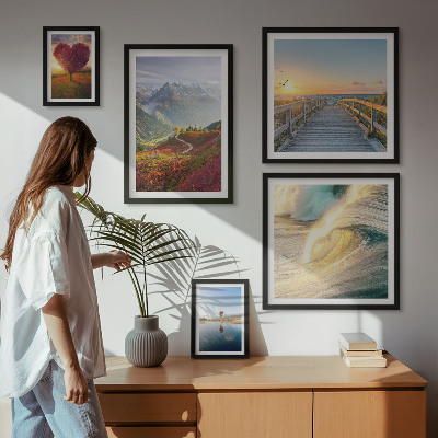 Set of 5 wall art pieces Landscapes mountains hearts waves balloons
