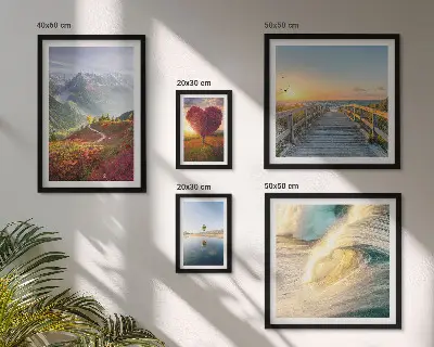 5-piece wall art set featuring landscape, mountain, heart, wave, and balloon designs