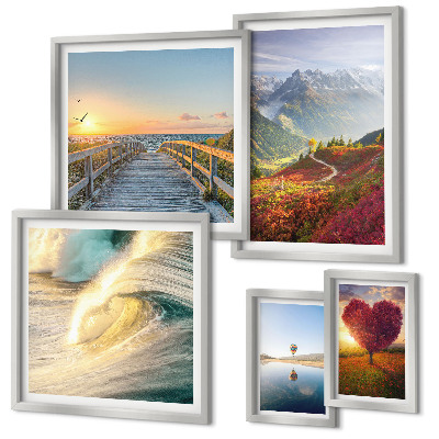 Set of 5 wall art pieces Landscapes mountains hearts waves balloons