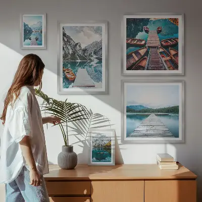 Set of 5 wall art pieces featuring mountain landscapes and water paths