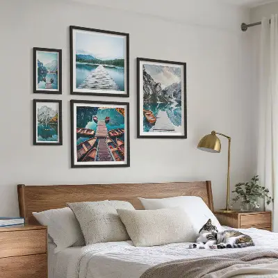 Set of 5 wall art pieces featuring mountain landscapes and water paths