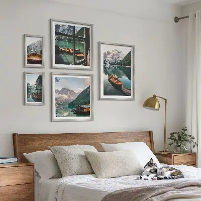 Framed landscape photo set featuring lakes, mountains, and boats